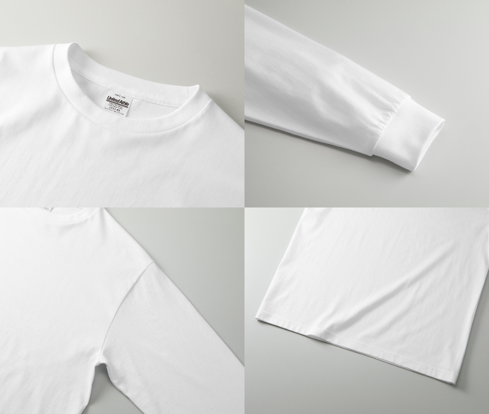 Unitedathleの肌さわり&質感が最高なロングTシャツ(品番1111-01)のホワイトカラーの各部写真。
左上:正面首元
右上:袖口拡大
左下:脇部分
右下:すそ部分
商品名:6.5オンス ファインジャージー ロングスリーブ Tシャツ(2.1インチリブ付き)
カジプリでは一番オススメしているロングTシャツ