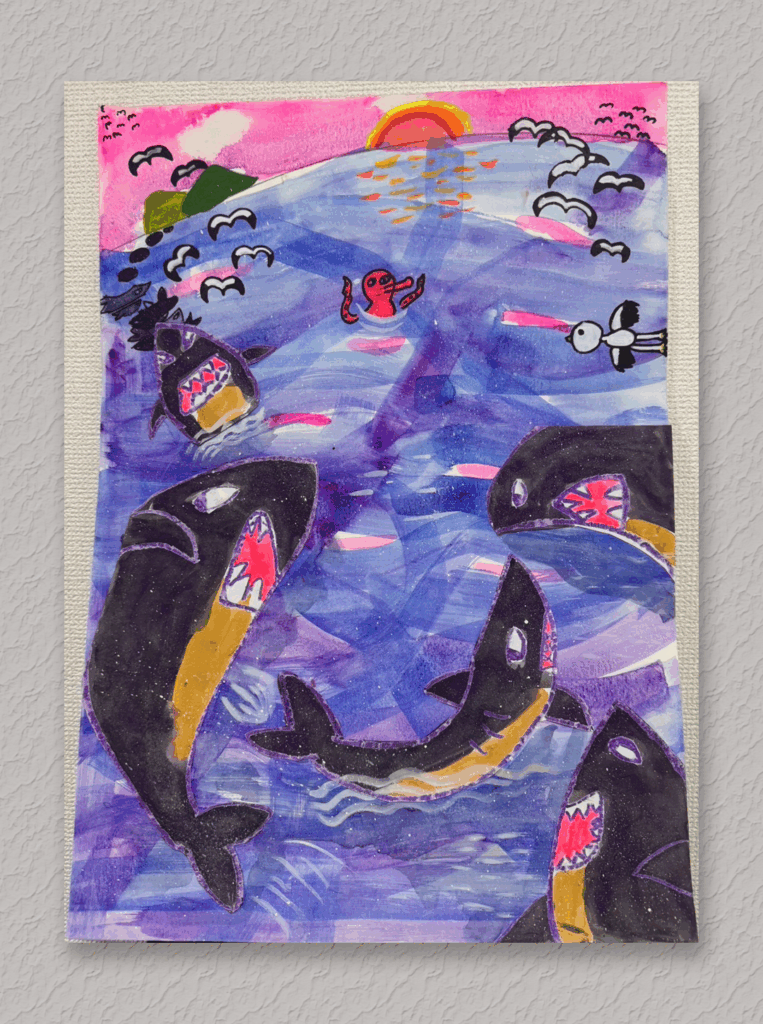 小学生の子供さんが描いた夕焼けの海
カモメ、タコ、サメがポップに描かれており水面も綺麗なグラデーションになっている。