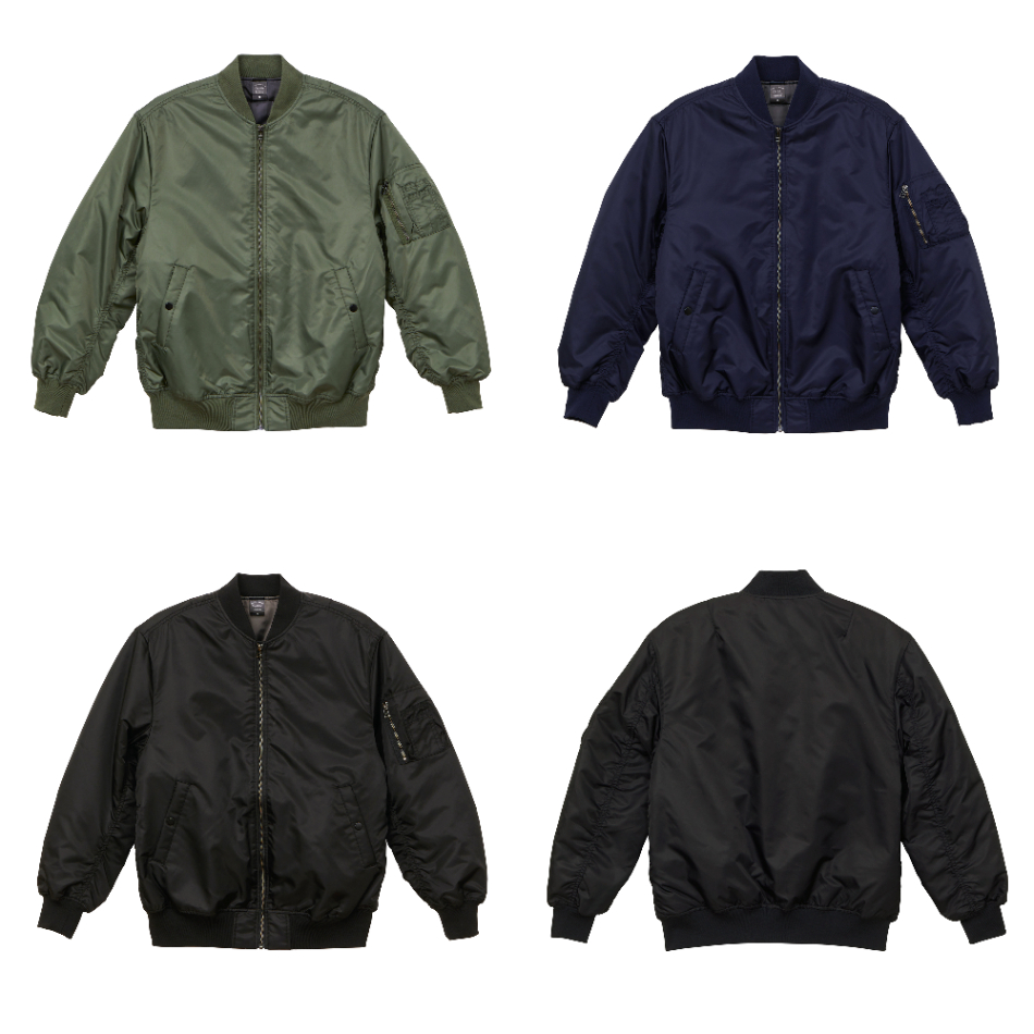 United Athle(ユナイテッドアスレ)のMA-1(品番749001)のカラー一覧が分かる写真
左上:ODカーキの正面
右上:ネイビーの正面
左下:ブラックの正面
右下:ブラックの後ろ側