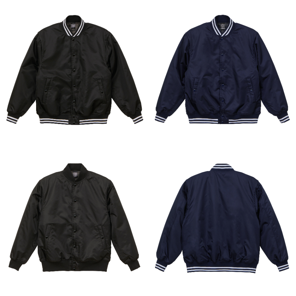 United Athle(ユナイテッドアスレ)のスタジャン(品番749101)のカラー一覧が分かる写真
左上:ブラック&ホワイトの正面
右上:ネイビー&ホワイトの正面
左下:ブラックの正面
右下:ネイビー&ホワイトの後ろ側
