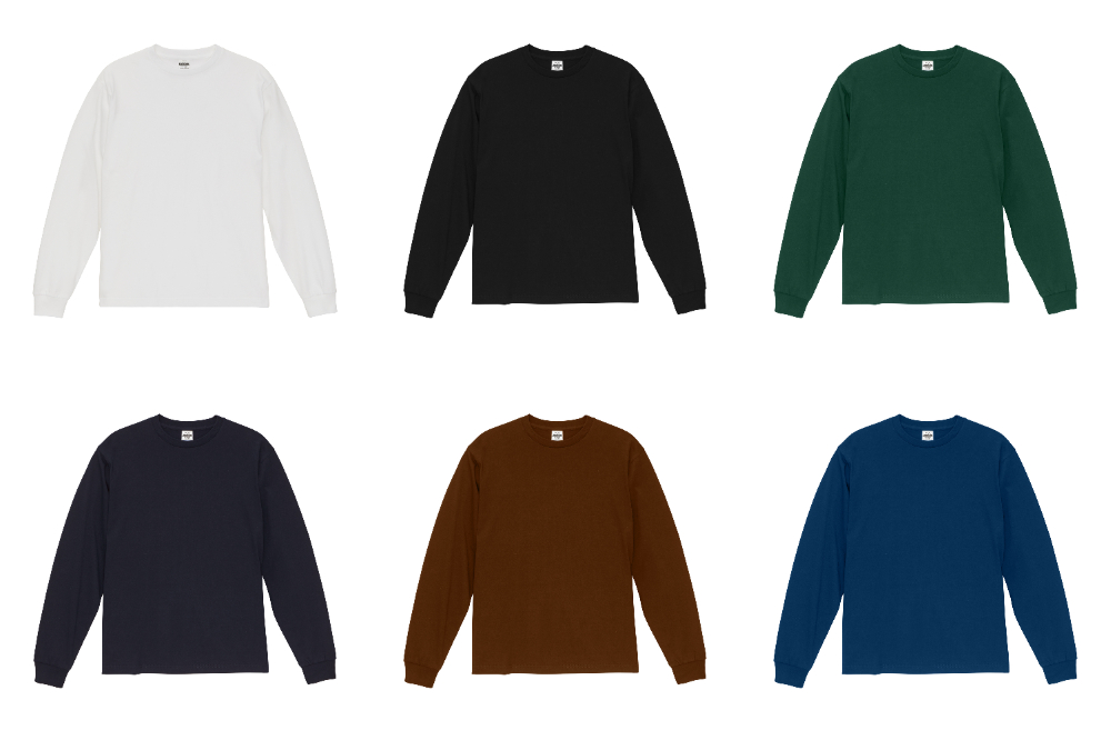 Unitedathleの肌さわり&質感が最高なロングTシャツ(品番1111-01)のカラー一覧写真。
上段左から、
ホワイト、ブラック、モスグリーン
下段左から
ネイビー、シナモンブラウン、クラシックブルー
カジプリでは一番オススメしているロングTシャツ